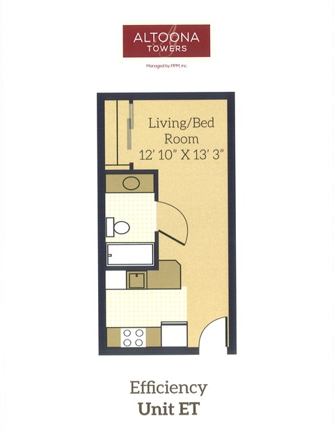 A floor plan for an efficiency unit at Altoona Towers.